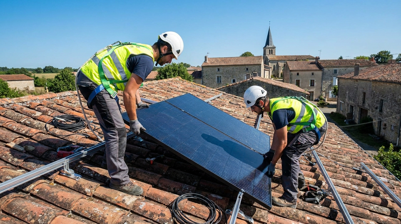 Installateurs posant des panneaux solaires